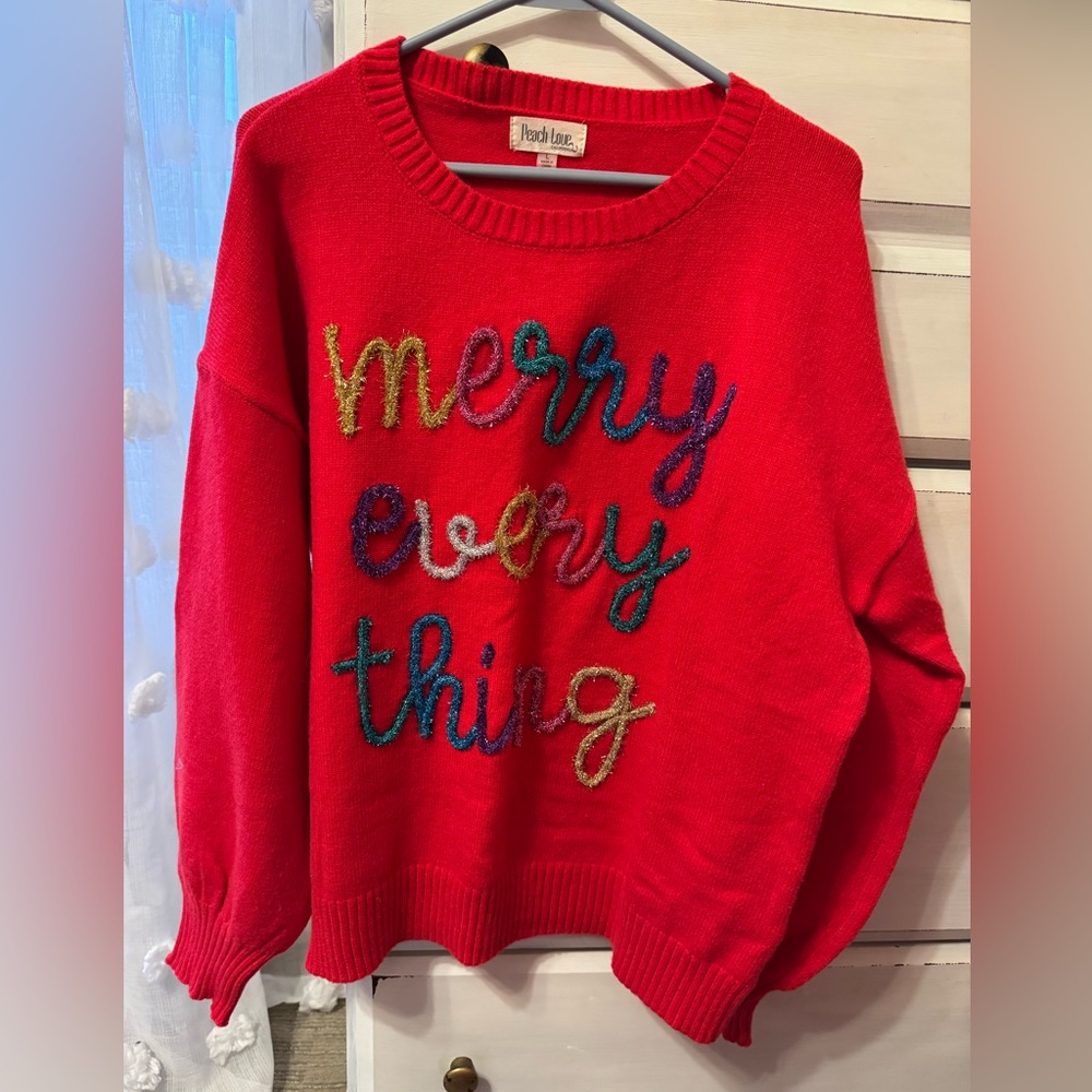 Christmas Sweater Ugly/Cute Red Merry Everything Size L Peach Love